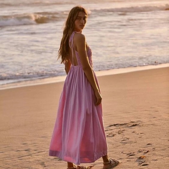 Free People Fp Beach Free-Est Gitana  Maxi Dress Linen Pleated Billowy Smocked - Picture 1 of 10